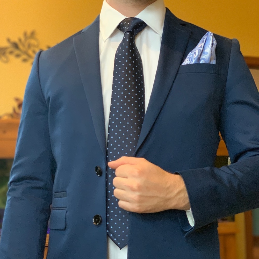Blue suit.
